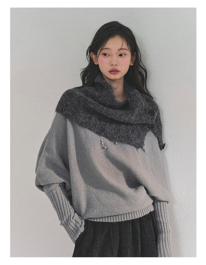 少也眼 “Embers of Sunset” Mini Faux-Knit Shoulder Wrap – Gray & Cocoa