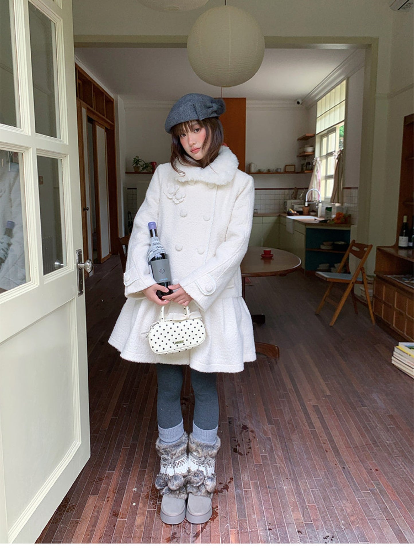 阮阮自制 - Birch Lily Milky White Detachable Fur Wool Coat