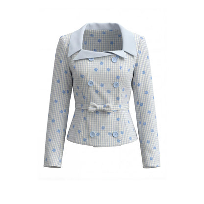 “Bluebell Letter” Light Blue Plaid Blazer Top & Ribbon Skirt