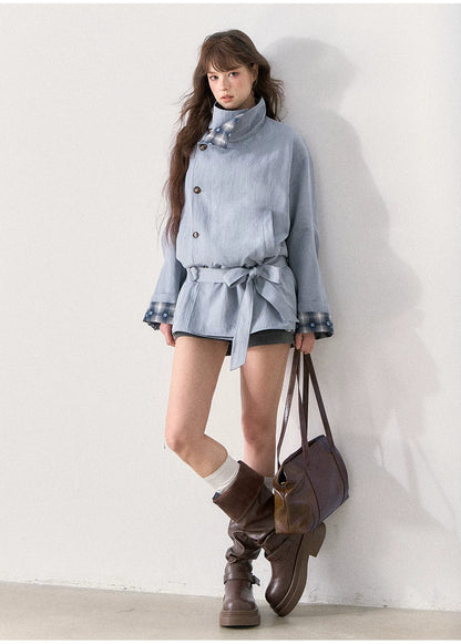 [TMMG] French Stand Collar Reversible Plaid Waist-Cinched Trench Coat (Morning Mist Blue)