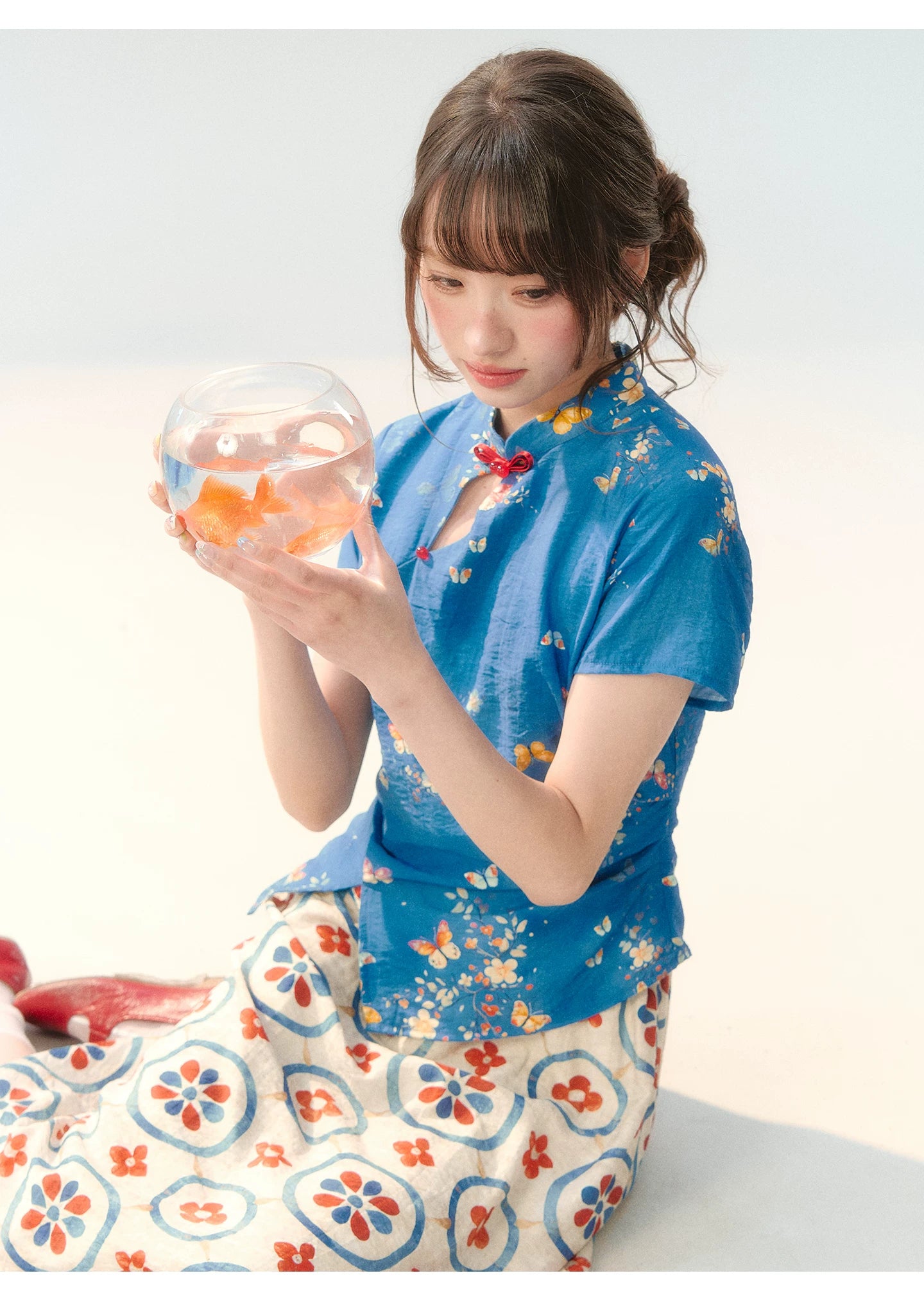 "Garden Letter" Blue Floral New Chinese Two-Piece Skirt Set