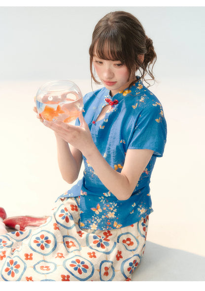 "Garden Letter" Blue Floral New Chinese Two-Piece Skirt Set