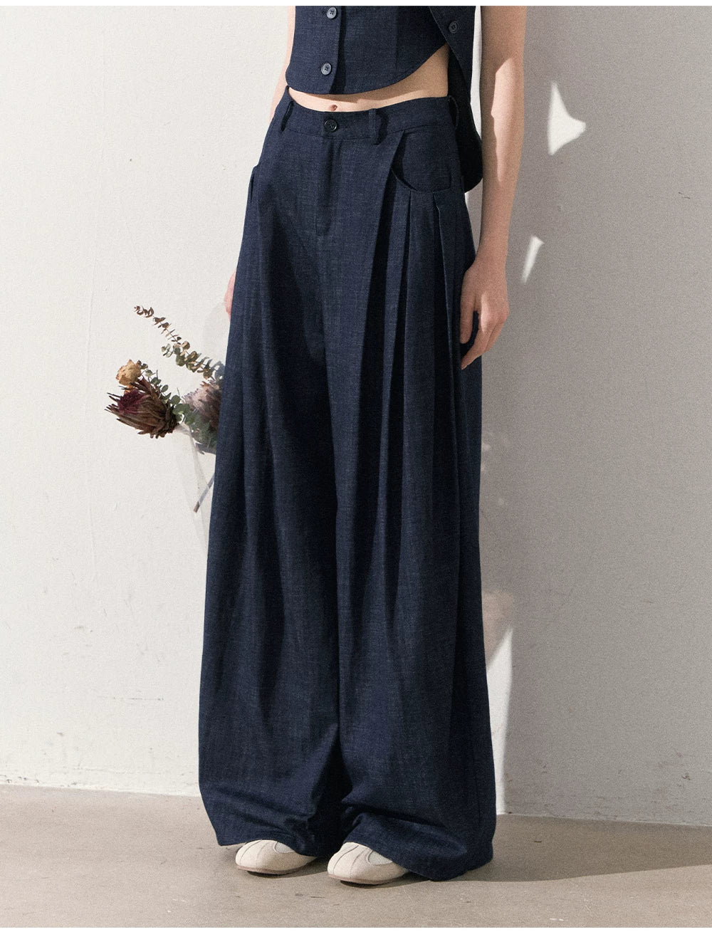 "Season of Ease" Vintage Navy Faux Denim Vest & Wide-Leg Pants Set