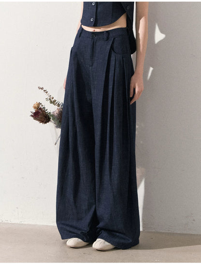 "Season of Ease" Vintage Navy Faux Denim Vest & Wide-Leg Pants Set