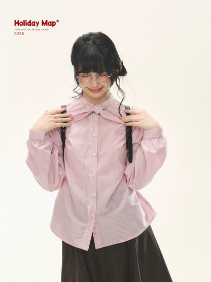"Blush Poetry" Pink Stripe Cotton Bow Blouse