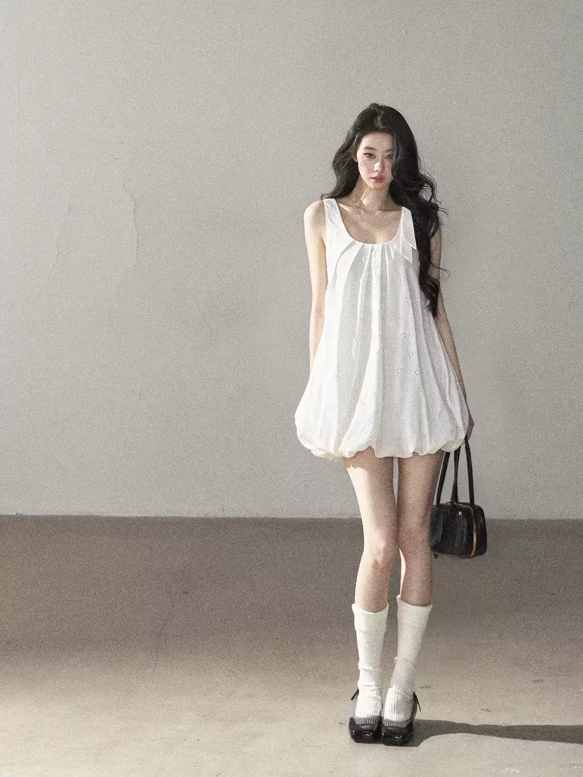 AOMALM - One-Shoulder Bow Dress with Cutout Embroidery Detail