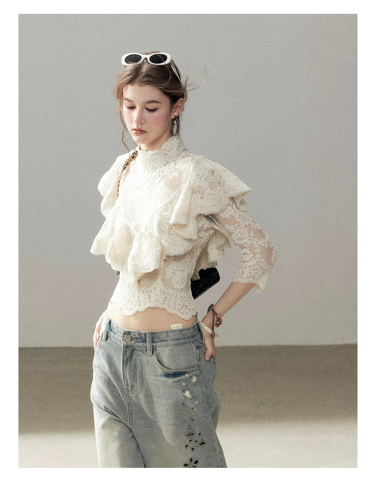 "Translucent Bloom" Dutch Cheese Lace Cropped Top