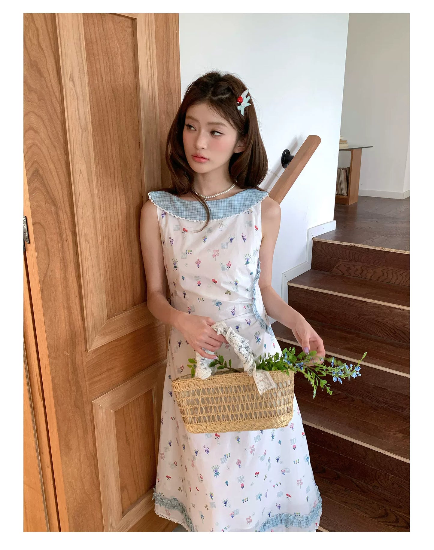 “Blue Meadow Letter” Misty Blue Floral Maxi Dress