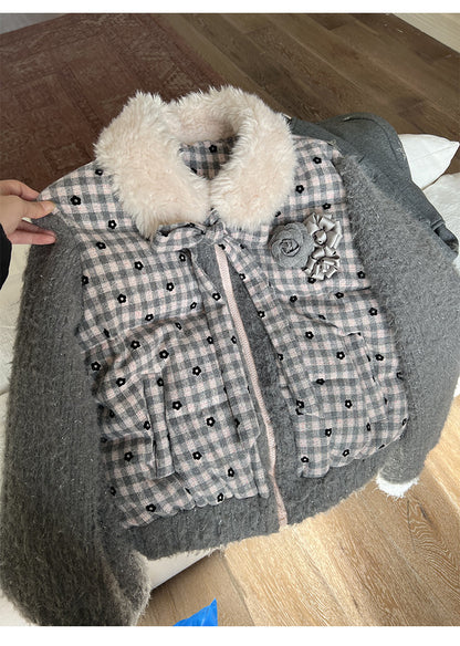 阮阮自制 - "Mist Isle Sakura" Faux-Layered Plaid Fur-Collar Puffer Jacket