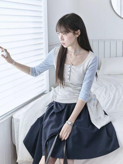 "Blooming Ribbon" Layered Set (Ivory Asymmetric Long-Sleeve Top / Navy Box-Pleated Skirt)