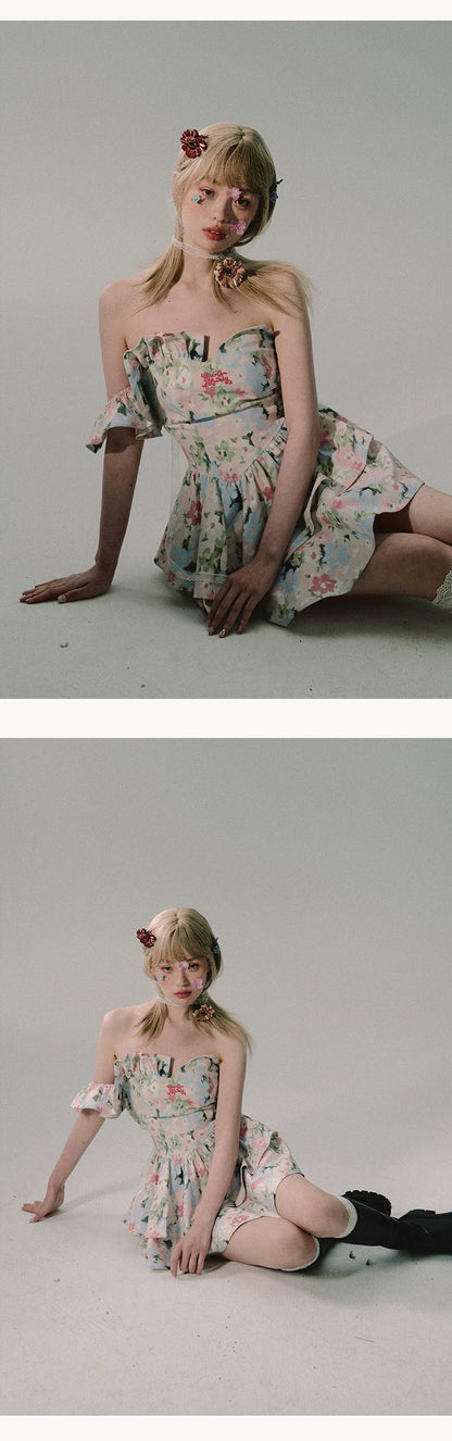 OAKMOO/ "When Blossoms Weep" Multicolor Irregular Floral Mini Dress
