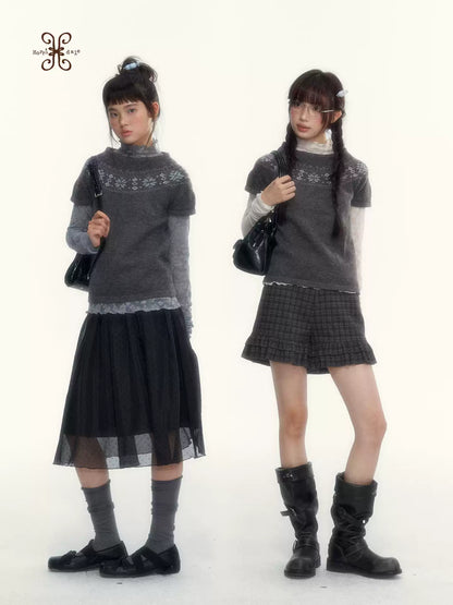 Deep Gray Fair Isle Short-Sleeve Knit Sweater