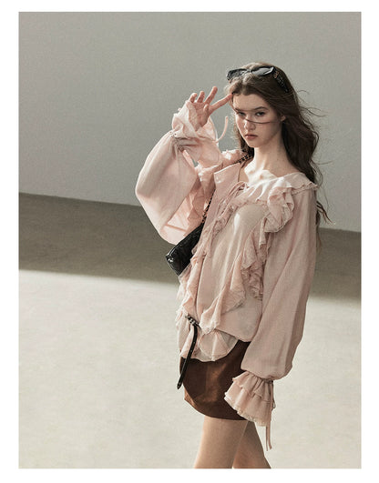AOMALM - "A Featherlight Touch" French Camellia White Lace Chiffon Top with Belt (Camellia / Oatmeal / Cinnamon Pink)