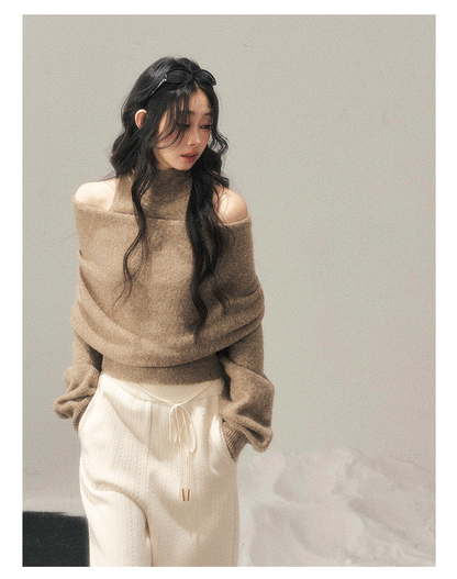 少也眼 "Echo of Sunset" Off-Shoulder Turtleneck Knit Two-Piece Set