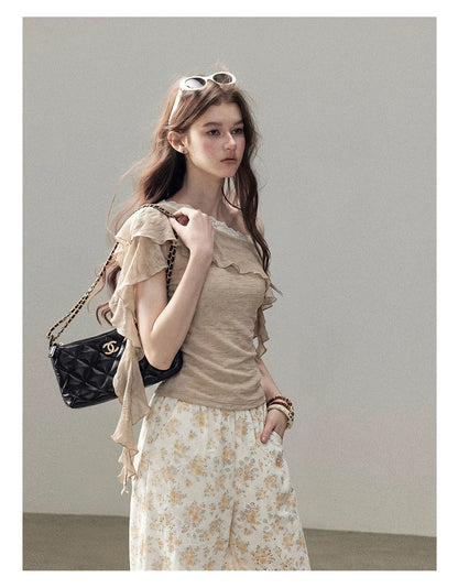 AOMALM - "A Cloud in Bloom" Primrose Yellow Floral Embroidered Lace Wide-Leg Pants