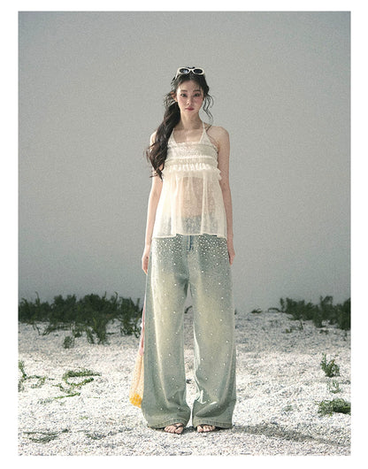 “Shattered Glasslight Veil” Cream Lace Halter Twinset Top