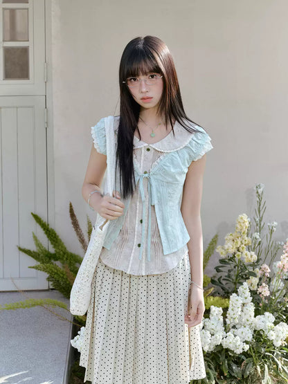 "Blooming Branches" Fresh Layered Collection (Mint Green Tie-Front Cardigan / Oat Blouse / Beige Polka Dot Skirt)