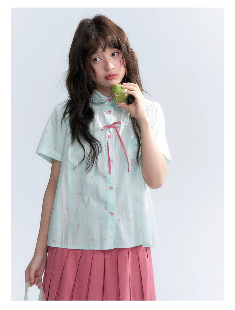 "Summer Sweetheart" Heart Stripe Blouse & Pleated Skirt Set