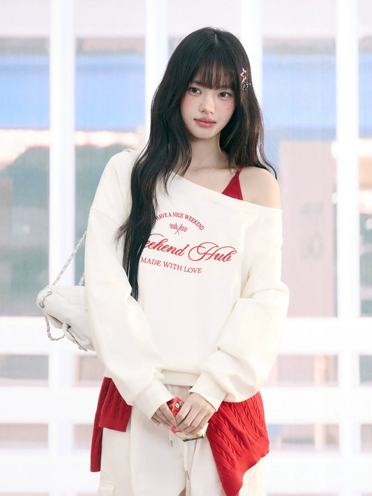 "Cloud Transit" White Layered Off-Shoulder Sweatshirt