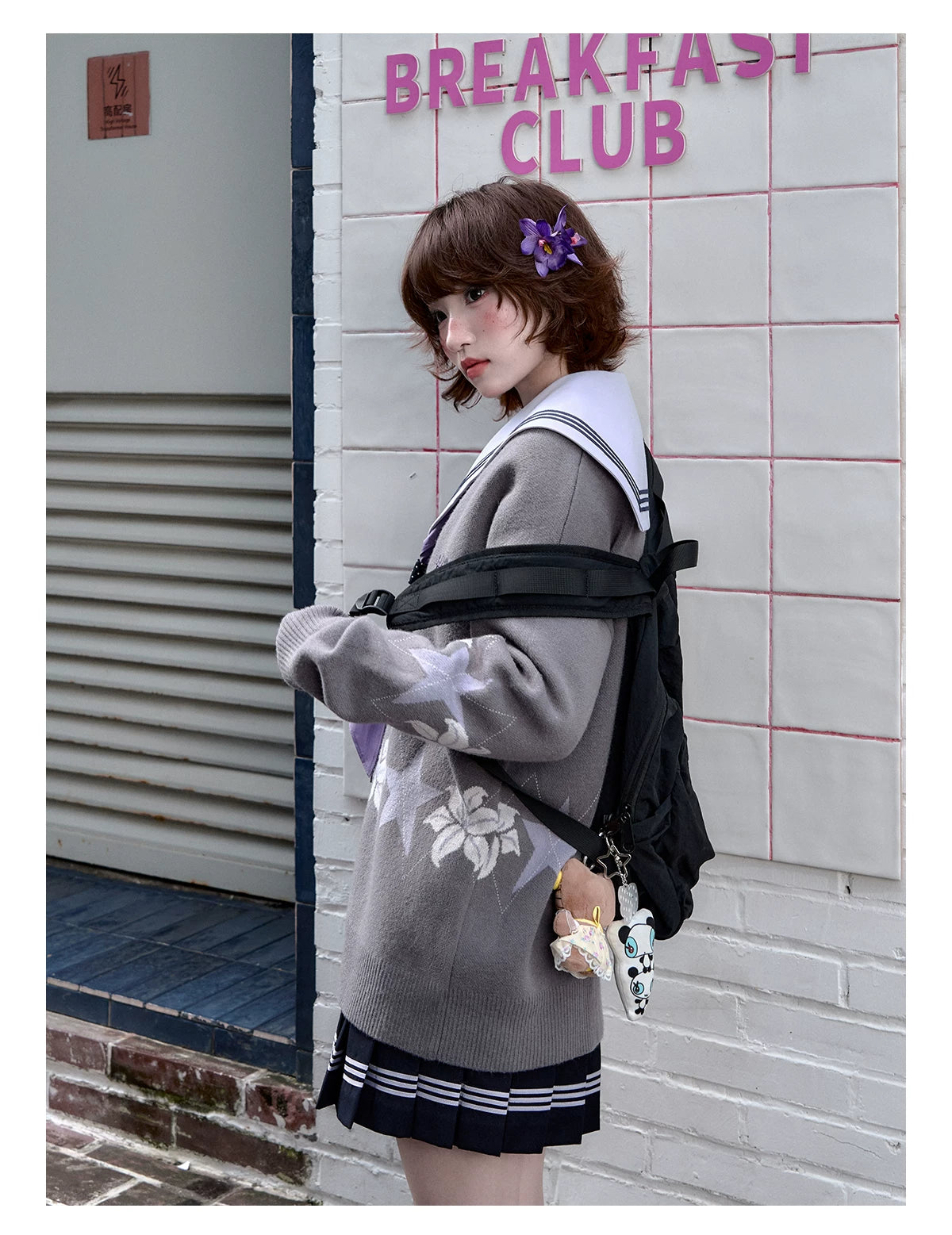 "Snow-Cleared Lily" Gray-Lilac JK Long-Sleeve Sailor Uniform Set