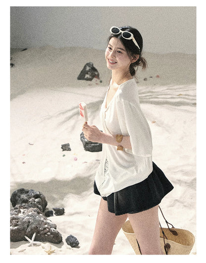 "Undisturbed Mist" Cloud White Lace Cutout V-Neck T-Shirt 45638453