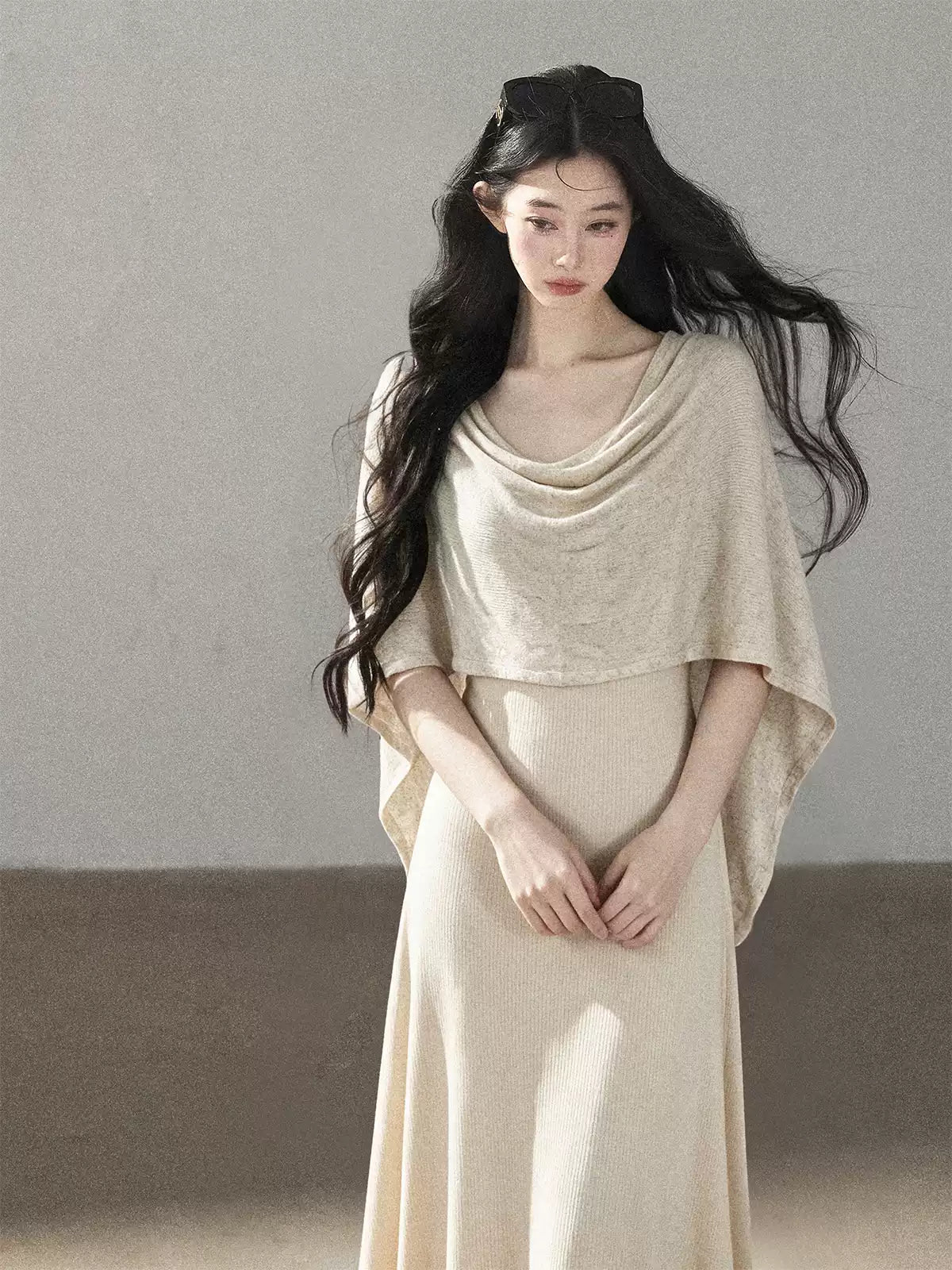 AOMALM - French-Inspired Two-Piece Maxi Dress Set with Layered Cape Overlay