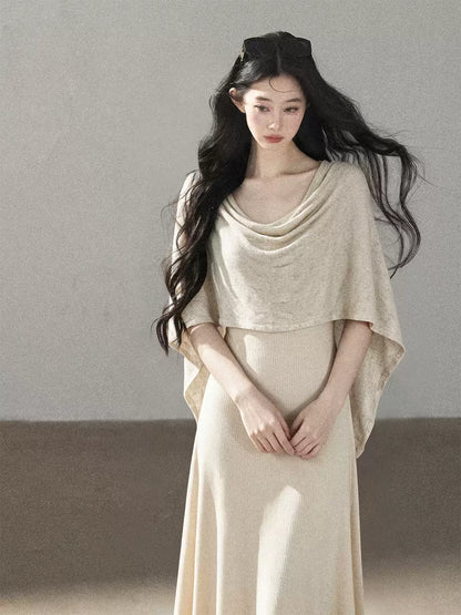 AOMALM - French-Inspired Two-Piece Maxi Dress Set with Layered Cape Overlay