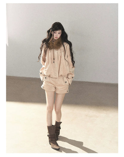 AOMALM - Mauve Faux Suede Jacket & Cargo Shorts Set