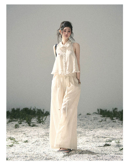 "Soft Cloud Reverie" Dutch Cream Lace Top & Bubble Skirt & Wide-Leg Pants Set 5468465