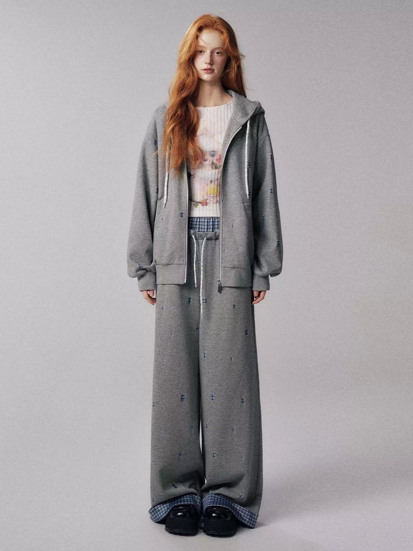 "心动符号" Gray-Blue Plaid 3-Piece MIU-Inspired Set – Hoodie, Pants & Puff Skort