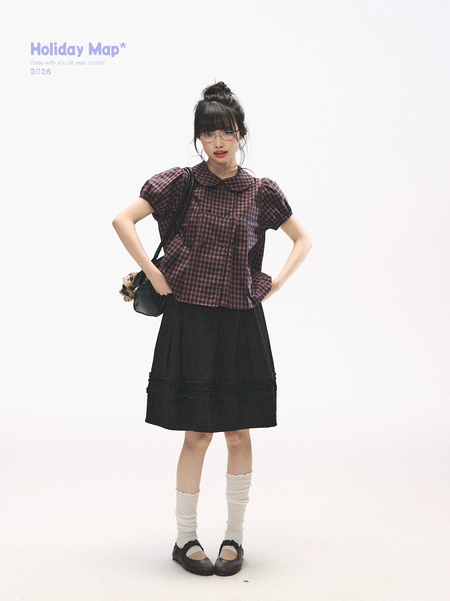 "Retro Plaid Sweetheart" Navy Orange Check Cotton Peter Pan Collar Blouse