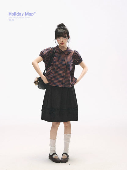 "Retro Plaid Sweetheart" Navy Orange Check Cotton Peter Pan Collar Blouse