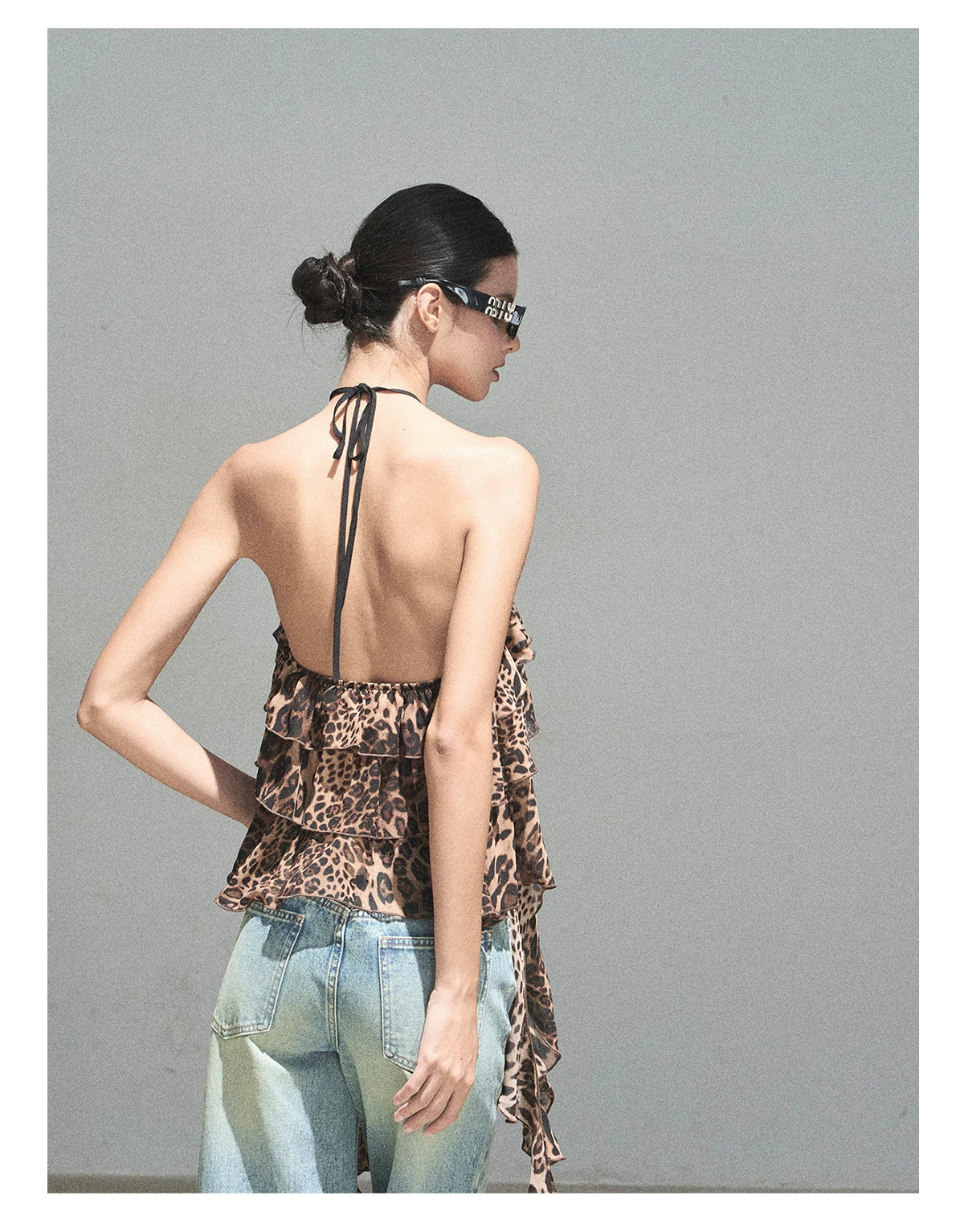 "Chasing the Sunset" Chestnut Brown Leopard Halter Ruffle Crop Top