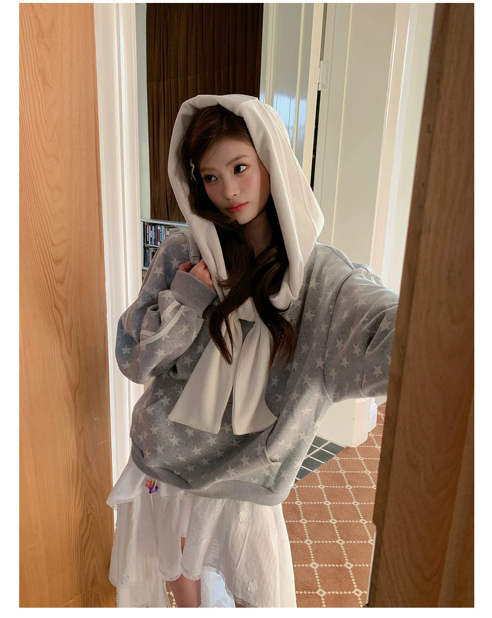 “Starlit Ribbon Reverie” Grey Off-Shoulder Hoodie