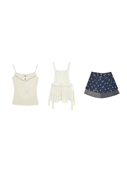 "Daisy Mist" Layered Polka Dot Collection (Mint Green Knit Top / Beige Cami / Polka Dot Overlay / Denim Pleated Skirt)