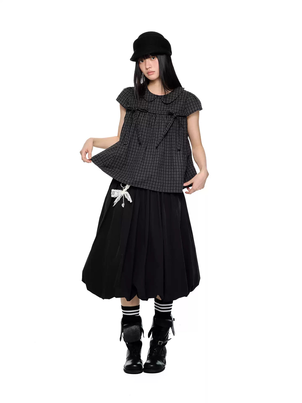 EZEK | Peter Pan Collar Gingham Shirt with Bubble Sleeves