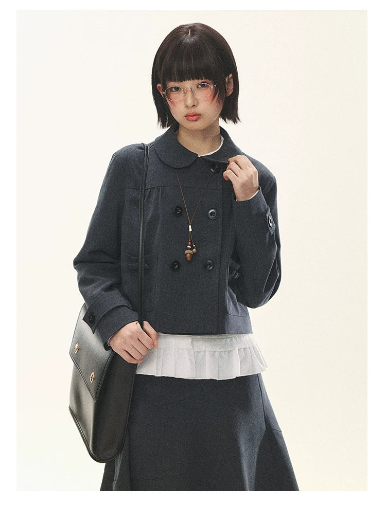 "First Day of Spring" Charcoal Gray Bow Blazer & Asymmetrical Skirt Set