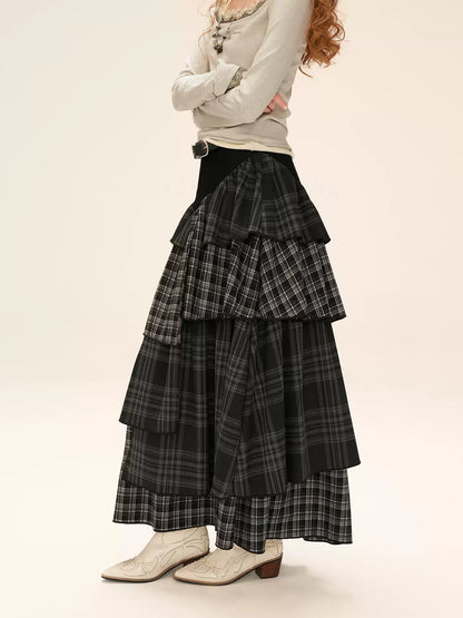 MAMC - Black Plaid Layered Midi Skirt with Denim Patchwork