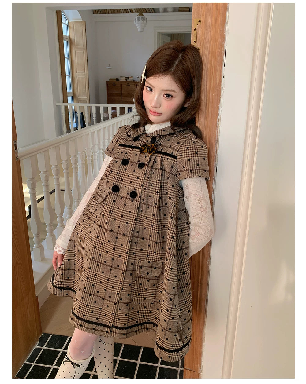 “Hazel Rococo Reverie” Khaki Plaid Polka Dot Dress