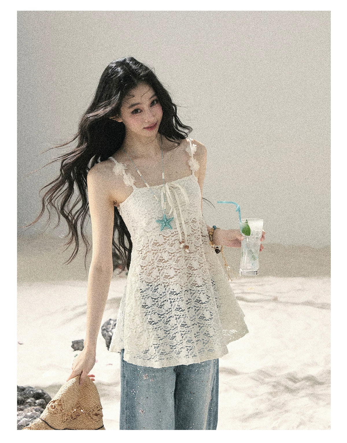 "Morning Mist" Frost White Lace Sheer Cami Top 65123
