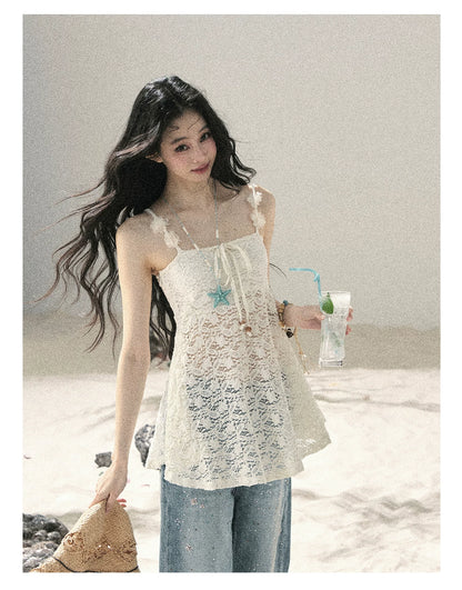 "Morning Mist" Frost White Lace Sheer Cami Top 65123