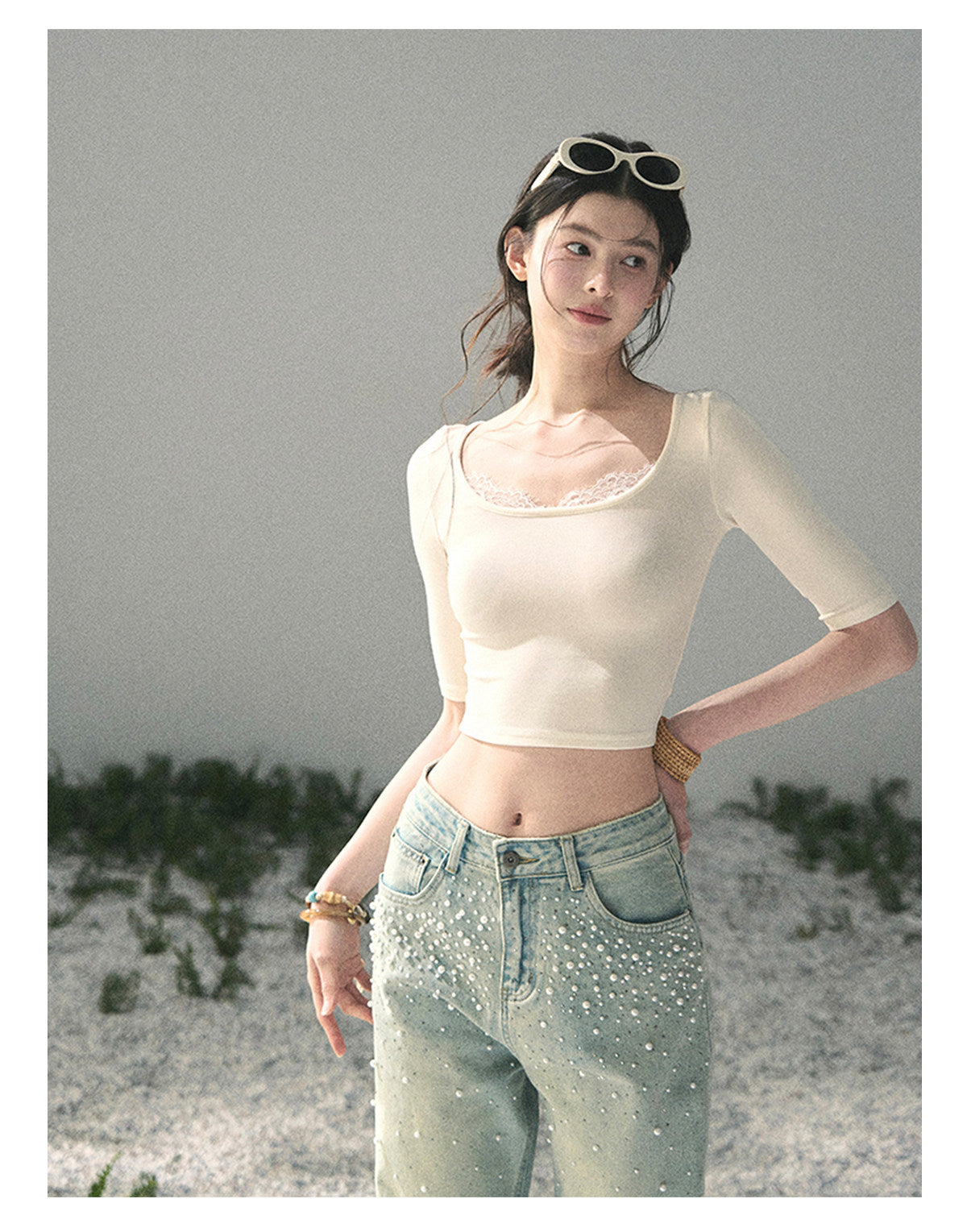 “Soft Winds in Lace” Ivory Lace Trim Fitted Top