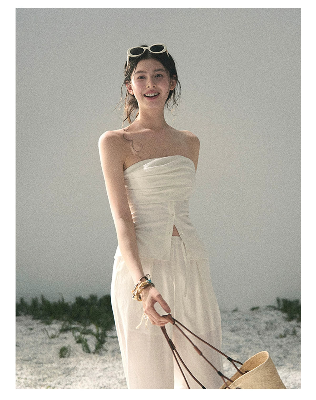 “Breath Across the Shoulders” Natural Beige Layered Bustier Top & Wide-Leg Trousers