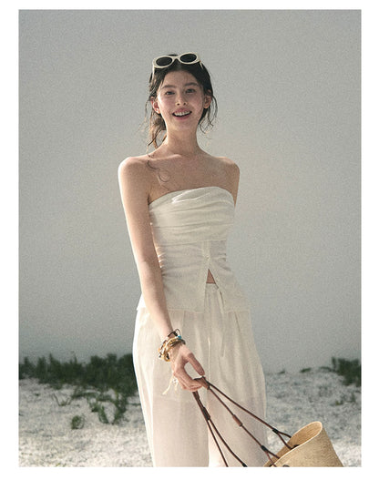 “Breath Across the Shoulders” Natural Beige Layered Bustier Top & Wide-Leg Trousers