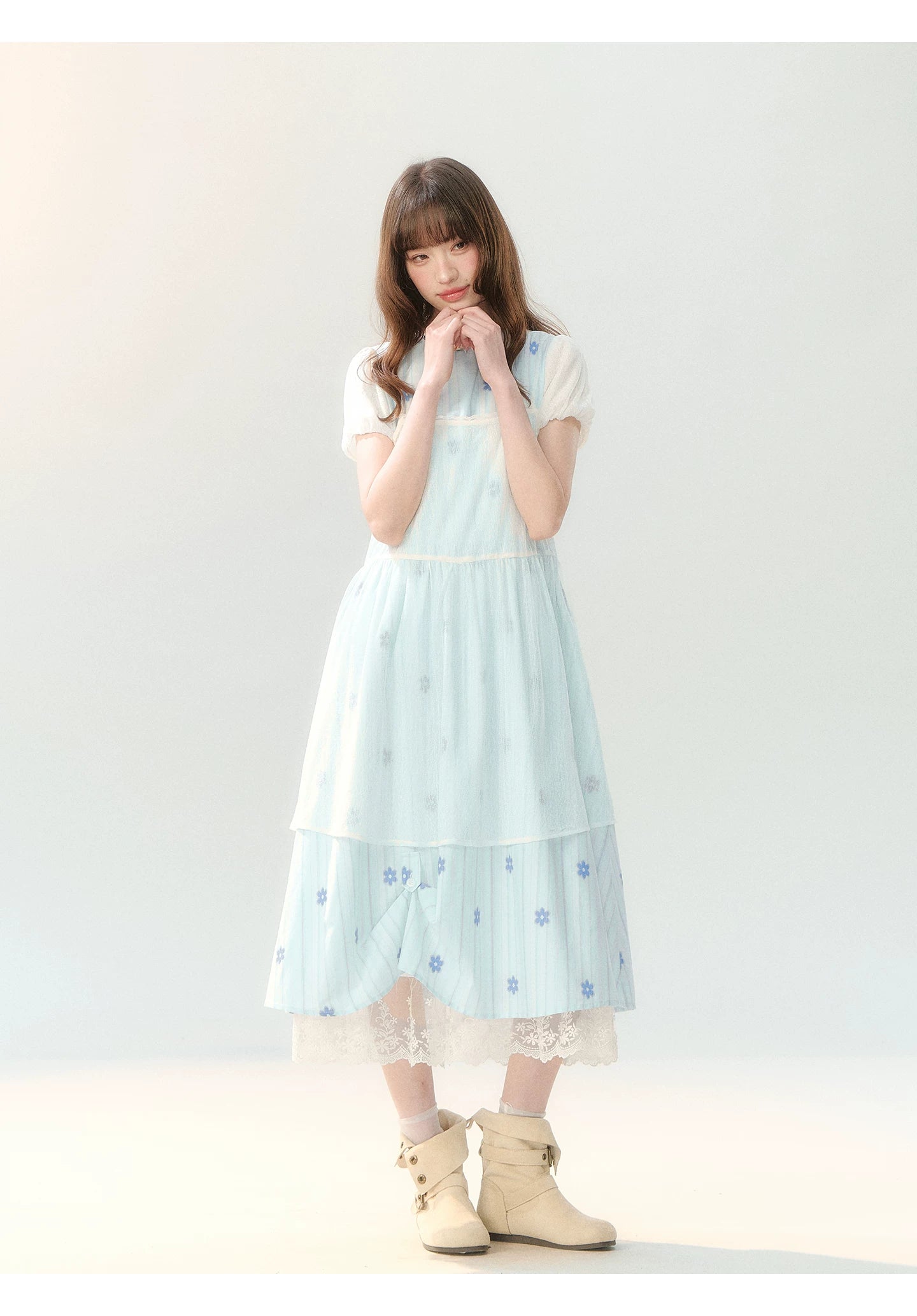 "Soft Bloom Chronicle" Blue Floral Dress & Apricot Cami Set