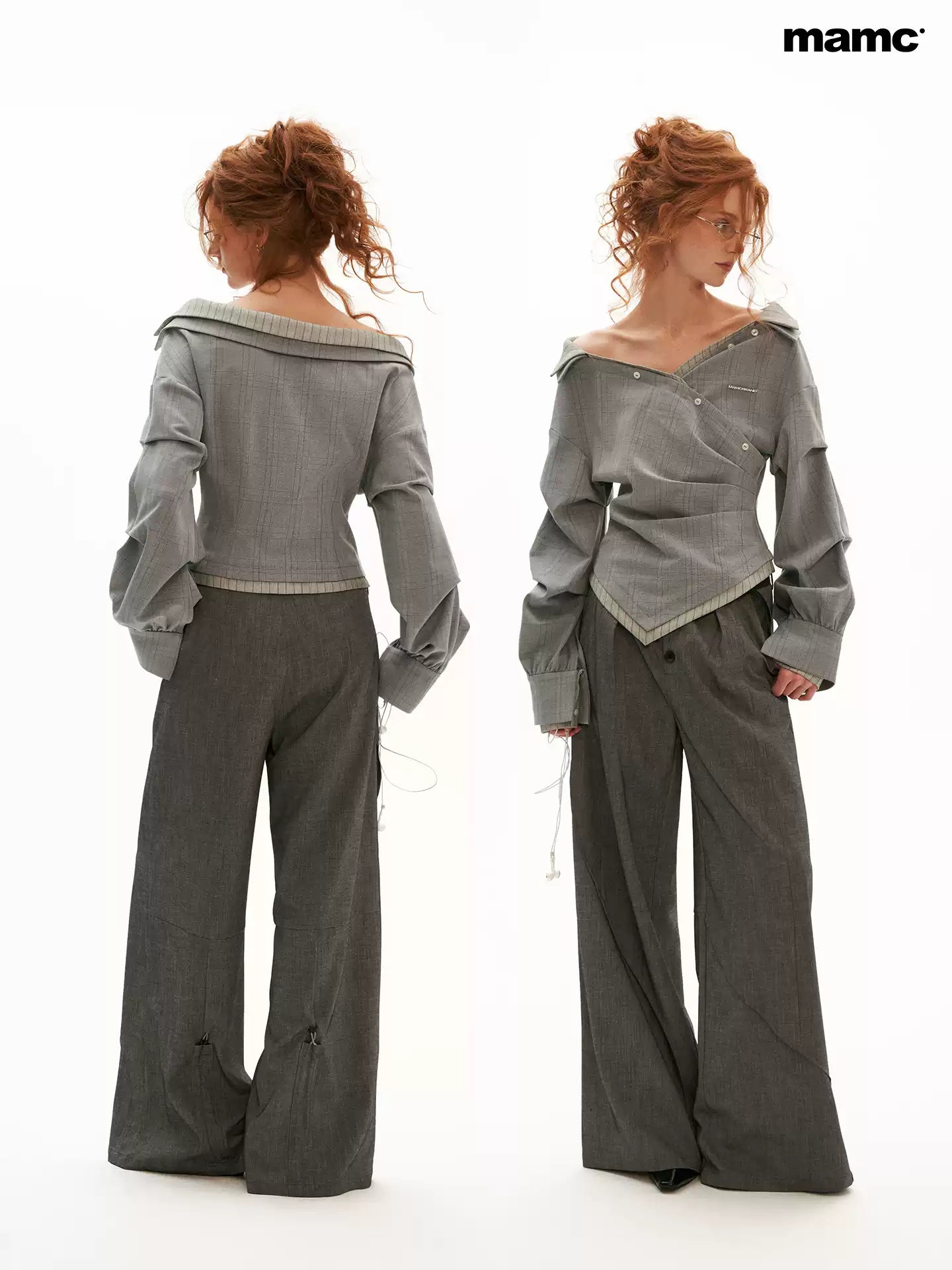 MAMC - Gray Textured Plaid Off-Shoulder Wrap Shirt