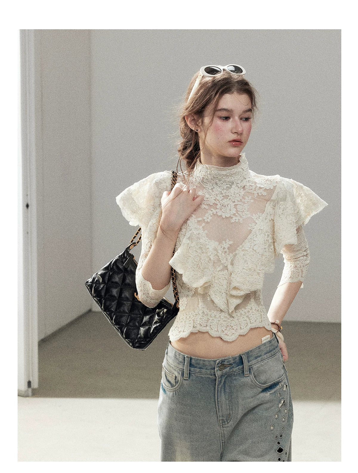 "Translucent Bloom" Dutch Cheese Lace Cropped Top