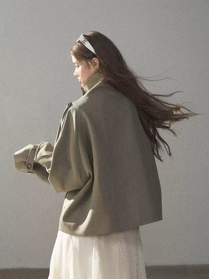 Gray Funnel-Neck Double-Breasted Short Trench Coat