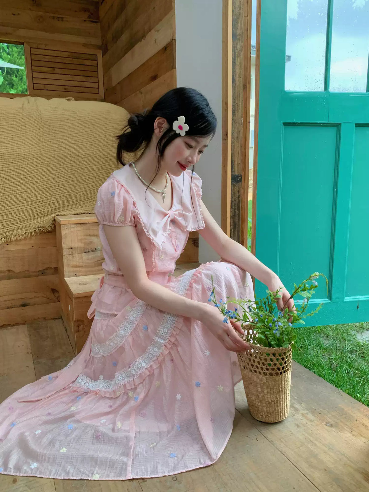 [RF] “Whispered Dream” Pink Bow Lace Tiered Skirt Two-Piece Set