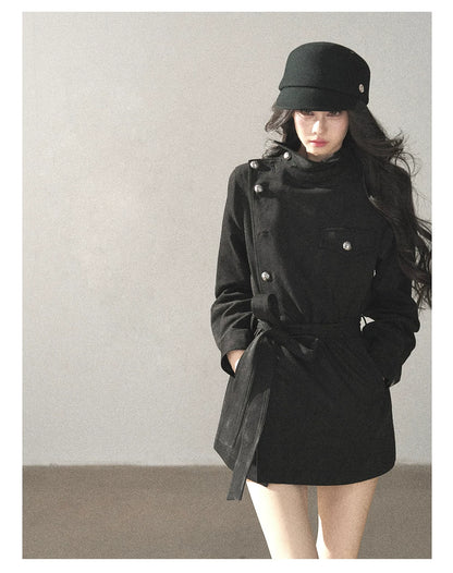 AOMALM - Black Faux-Suede Cropped A-Line Trench Coat with Belt
